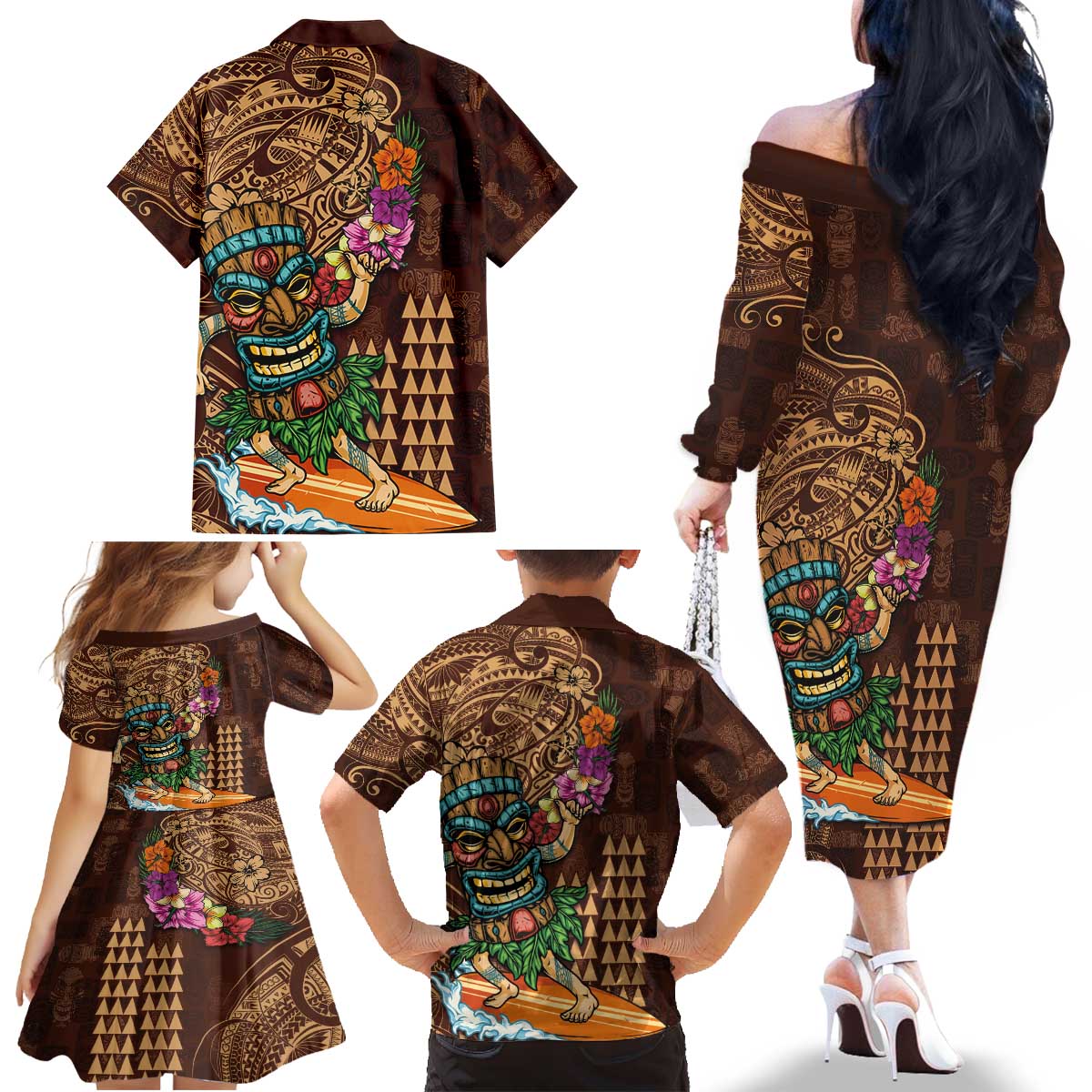 Hawaiian Tiki Mask Surfing Kakau Pattern Family Matching Off The Shoulder Long Sleeve Dress and Hawaiian Shirt LT03 - Polynesian Pride