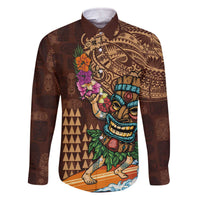 Hawaiian Tiki Mask Surfing Kakau Pattern Family Matching Off The Shoulder Long Sleeve Dress and Hawaiian Shirt LT03 Dad's Shirt - Long Sleeve Brown - Polynesian Pride