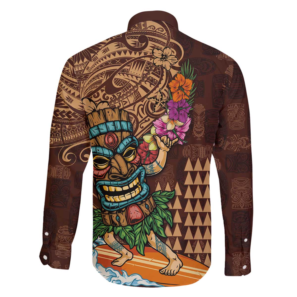 Hawaiian Tiki Mask Surfing Kakau Pattern Family Matching Off The Shoulder Long Sleeve Dress and Hawaiian Shirt LT03 - Polynesian Pride