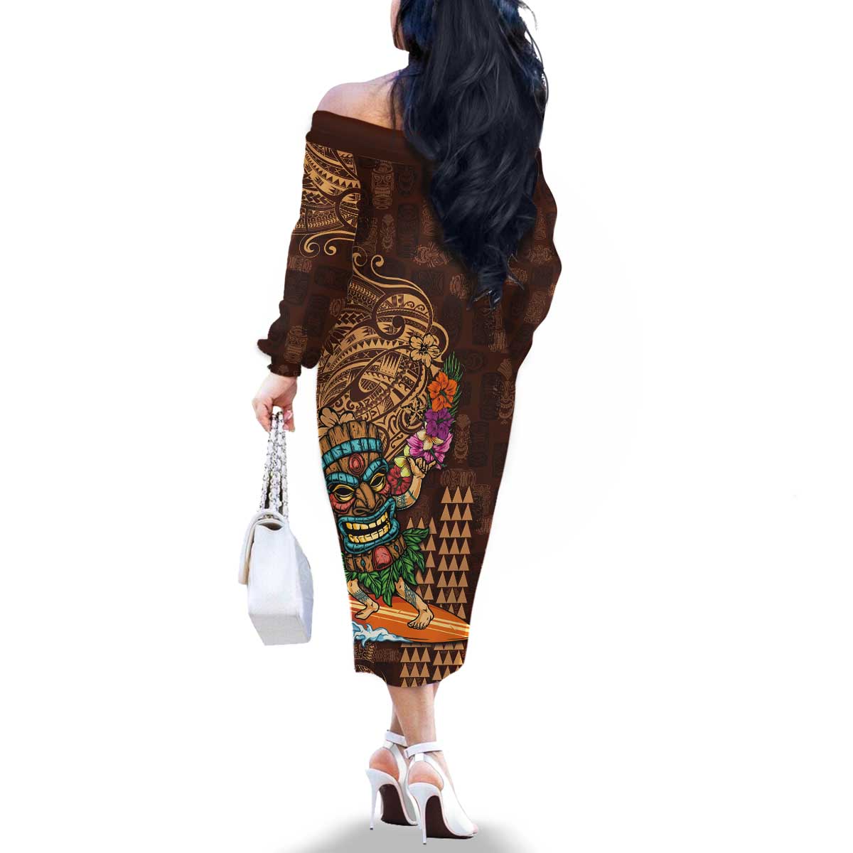 Hawaiian Tiki Mask Surfing Kakau Pattern Family Matching Off The Shoulder Long Sleeve Dress and Hawaiian Shirt LT03 - Polynesian Pride