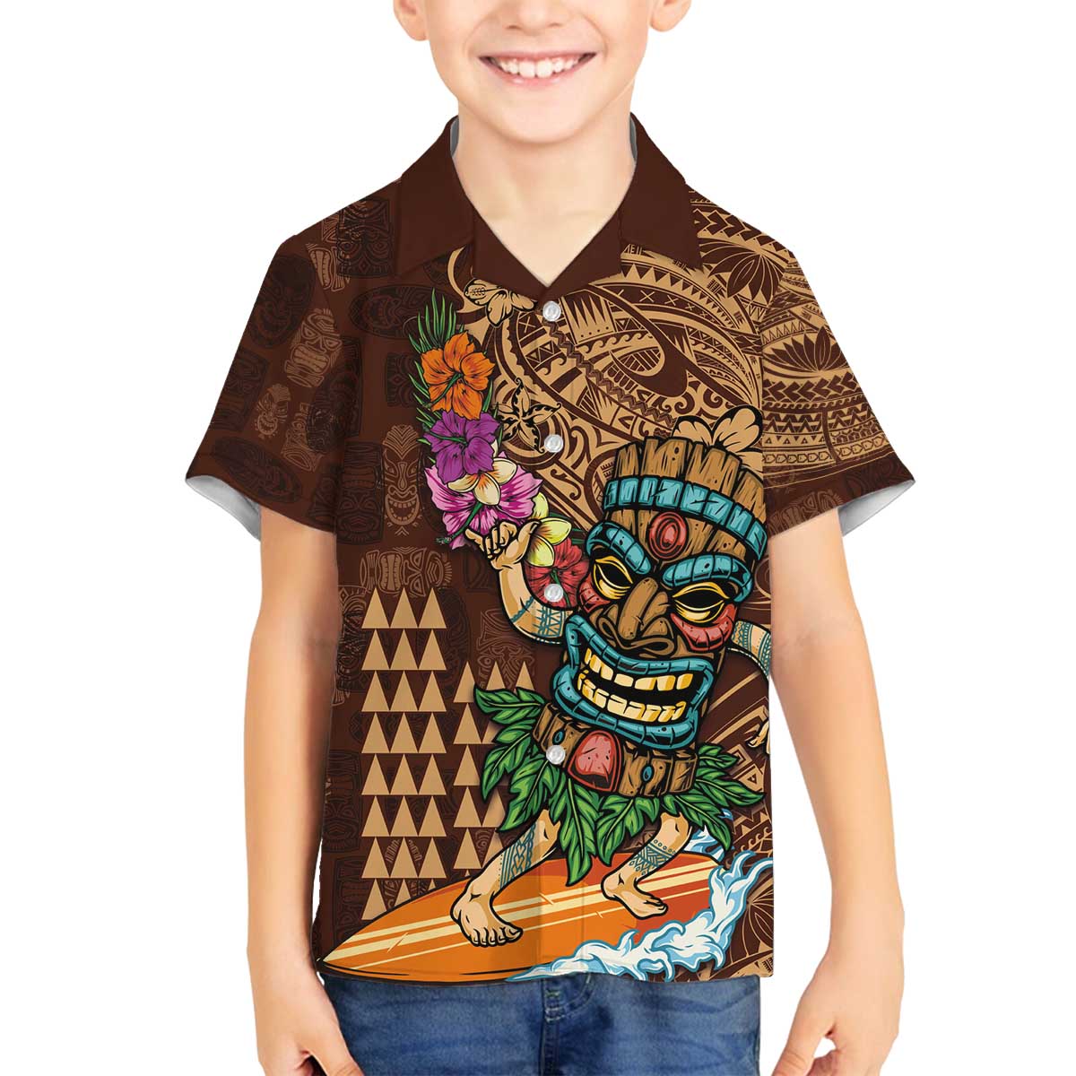 Hawaiian Tiki Mask Surfing Kakau Pattern Family Matching Off The Shoulder Long Sleeve Dress and Hawaiian Shirt LT03 Son's Shirt Brown - Polynesian Pride