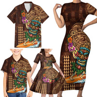 Hawaiian Tiki Mask Surfing Kakau Pattern Family Matching Short Sleeve Bodycon Dress and Hawaiian Shirt LT03 - Polynesian Pride