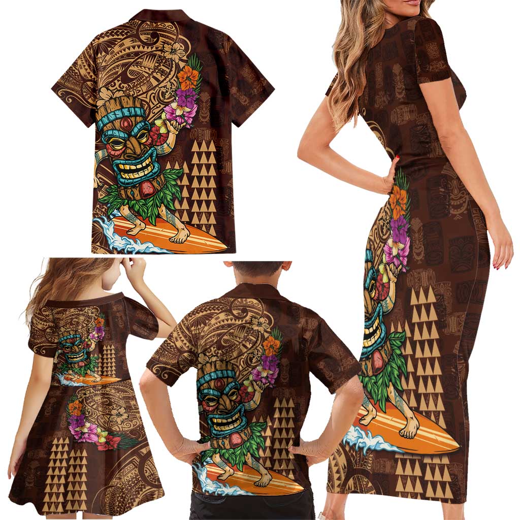Hawaiian Tiki Mask Surfing Kakau Pattern Family Matching Short Sleeve Bodycon Dress and Hawaiian Shirt LT03 - Polynesian Pride