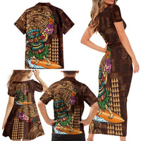 Hawaiian Tiki Mask Surfing Kakau Pattern Family Matching Short Sleeve Bodycon Dress and Hawaiian Shirt LT03 - Polynesian Pride