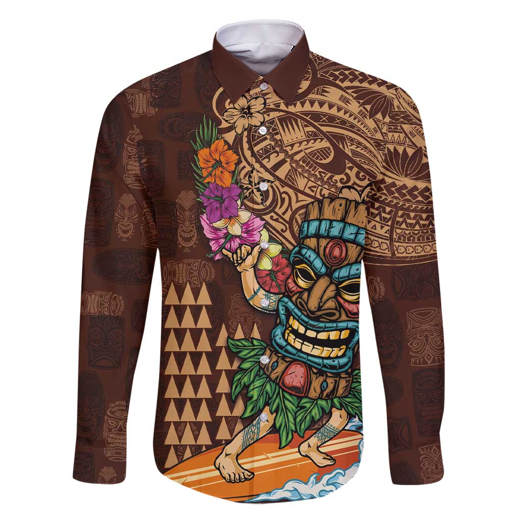 Hawaiian Tiki Mask Surfing Kakau Pattern Family Matching Short Sleeve Bodycon Dress and Hawaiian Shirt LT03 Dad's Shirt - Long Sleeve Brown - Polynesian Pride