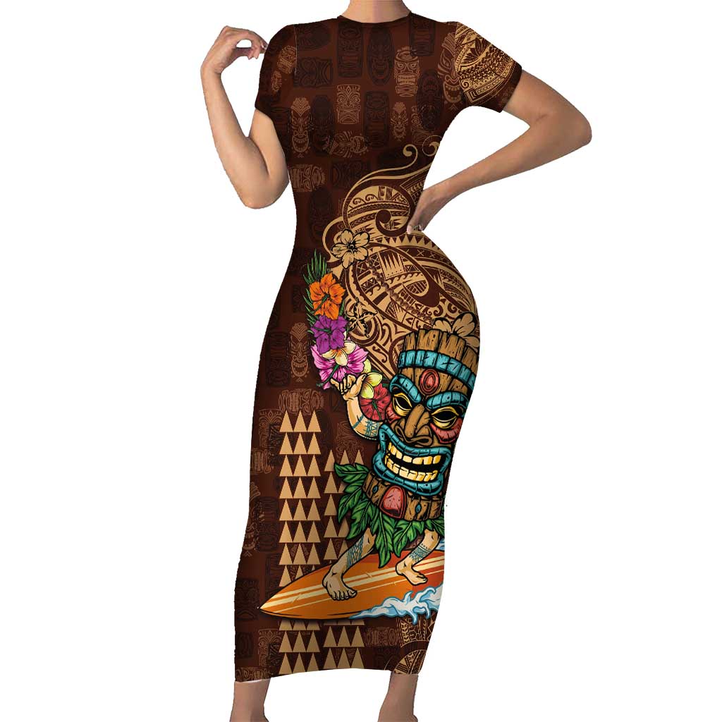 Hawaiian Tiki Mask Surfing Kakau Pattern Family Matching Short Sleeve Bodycon Dress and Hawaiian Shirt LT03 Mom's Dress Brown - Polynesian Pride