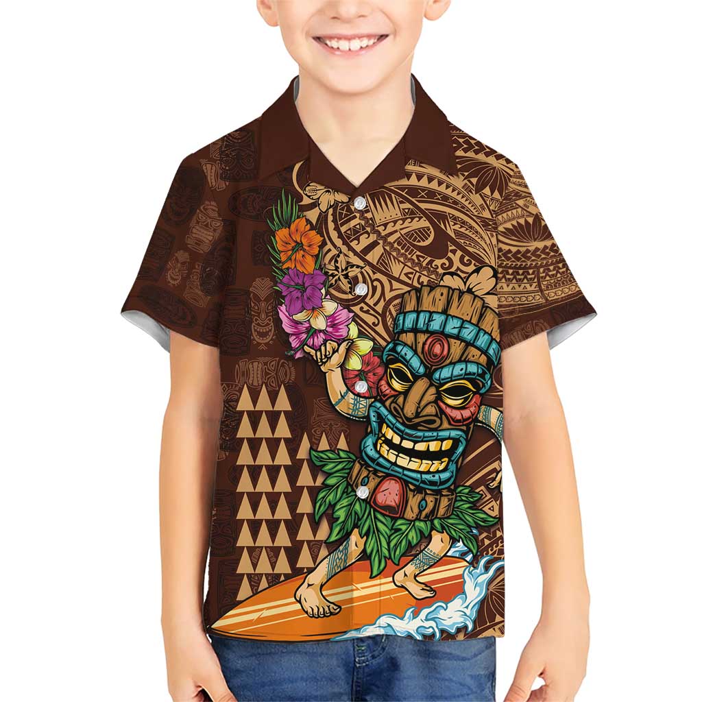 Hawaiian Tiki Mask Surfing Kakau Pattern Family Matching Short Sleeve Bodycon Dress and Hawaiian Shirt LT03 Son's Shirt Brown - Polynesian Pride