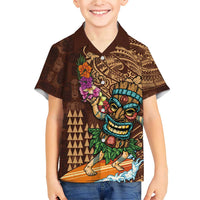 Hawaiian Tiki Mask Surfing Kakau Pattern Family Matching Short Sleeve Bodycon Dress and Hawaiian Shirt LT03 Son's Shirt Brown - Polynesian Pride
