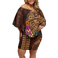 Hawaiian Tiki Mask Surfing Kakau Pattern Off Shoulder Short Dress