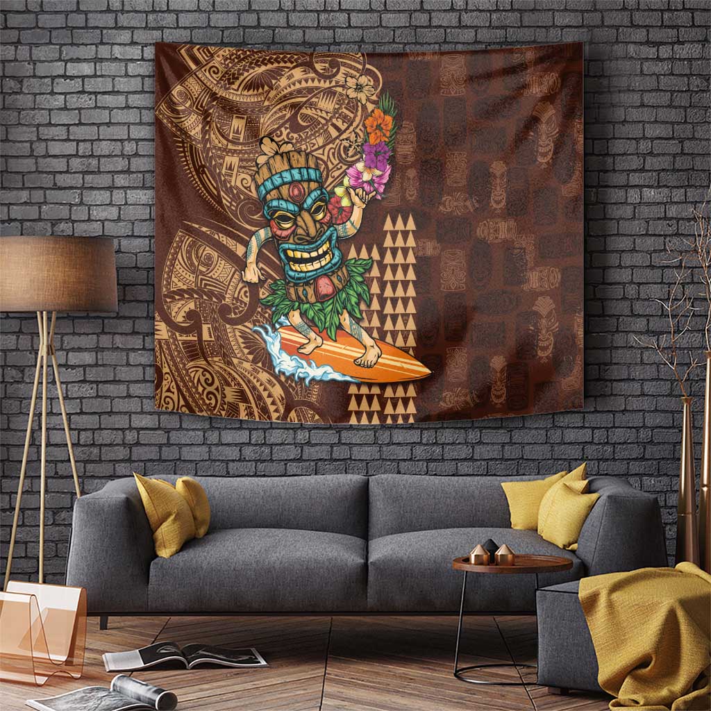 Hawaiian Tiki Mask Surfing Kakau Pattern Tapestry