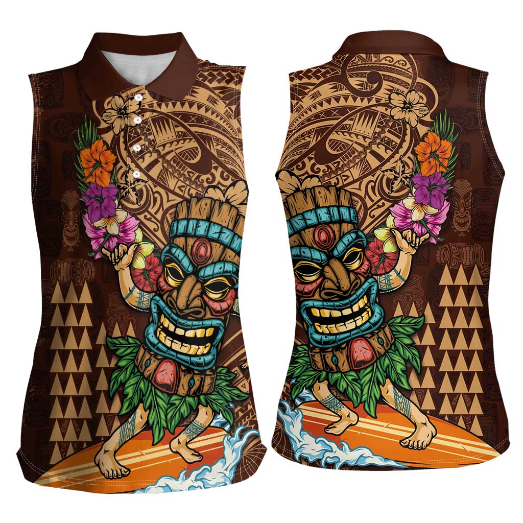Hawaiian Tiki Mask Surfing Kakau Pattern Women Sleeveless Polo Shirt