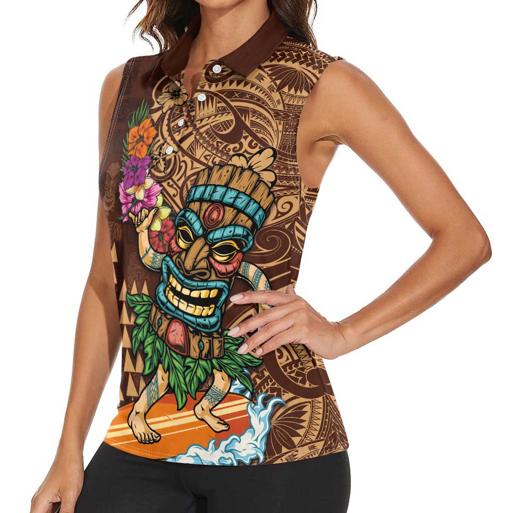 Hawaiian Tiki Mask Surfing Kakau Pattern Women Sleeveless Polo Shirt