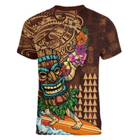 Hawaiian Tiki Mask Surfing Kakau Pattern Women V-Neck T-Shirt