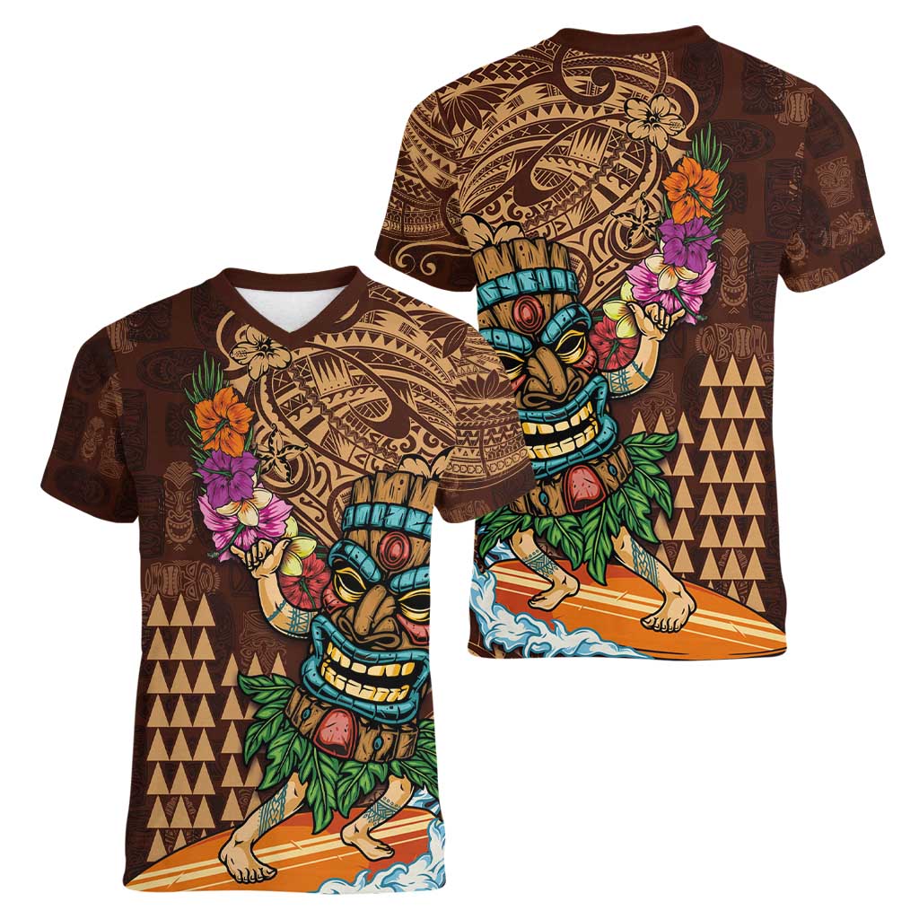 Hawaiian Tiki Mask Surfing Kakau Pattern Women V-Neck T-Shirt