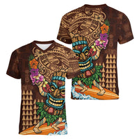 Hawaiian Tiki Mask Surfing Kakau Pattern Women V-Neck T-Shirt