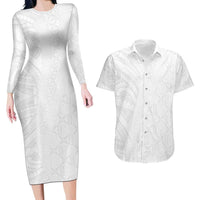 Niue White Sunday Couples Matching Long Sleeve Bodycon Dress and Hawaiian Shirt Hiapo Tribal Art Tattoos LT03 White - Polynesian Pride