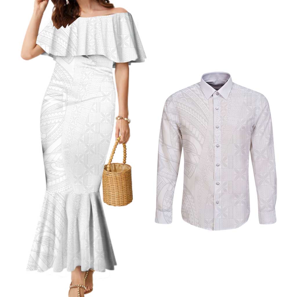 Niue White Sunday Couples Matching Mermaid Dress and Long Sleeve Button Shirt Hiapo Tribal Art Tattoos LT03 White - Polynesian Pride