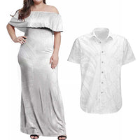 Niue White Sunday Couples Matching Off Shoulder Maxi Dress and Hawaiian Shirt Hiapo Tribal Art Tattoos LT03 White - Polynesian Pride