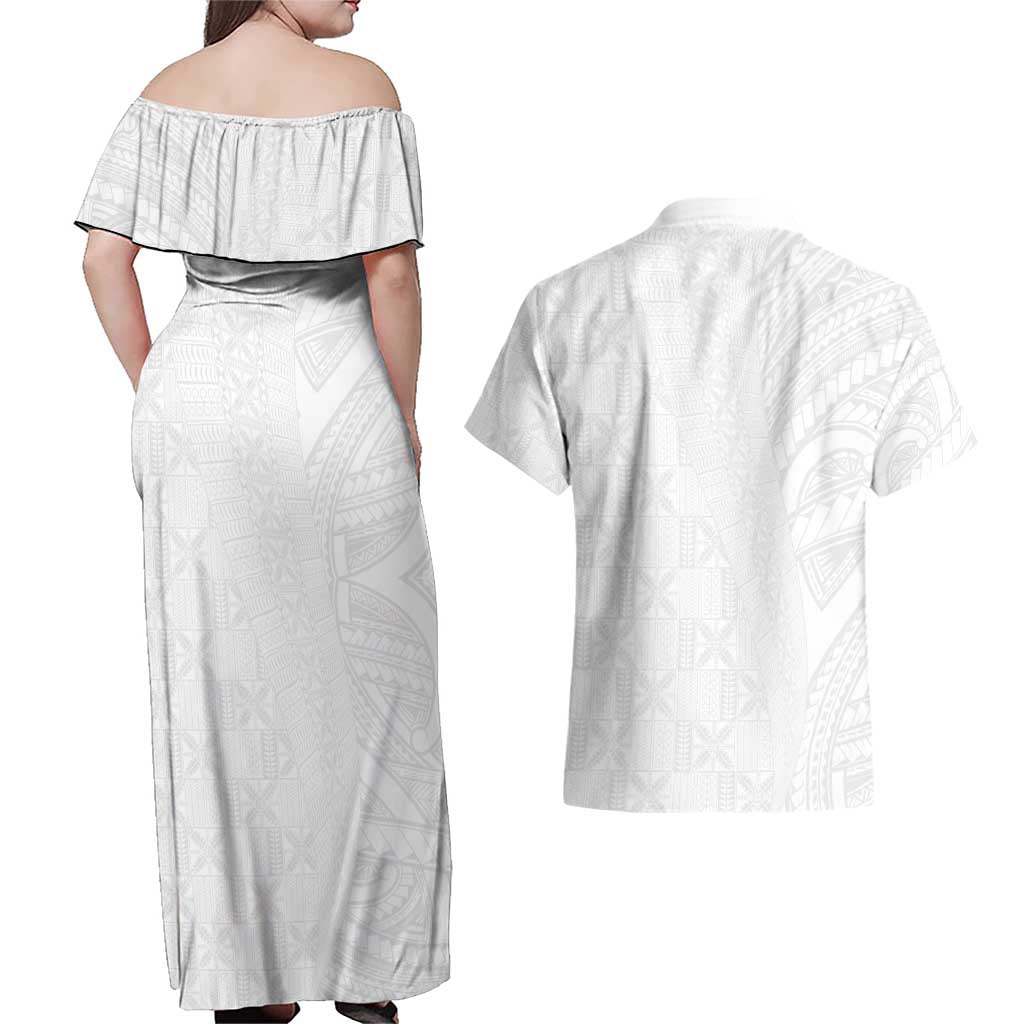 Niue White Sunday Couples Matching Off Shoulder Maxi Dress and Hawaiian Shirt Hiapo Tribal Art Tattoos LT03 - Polynesian Pride