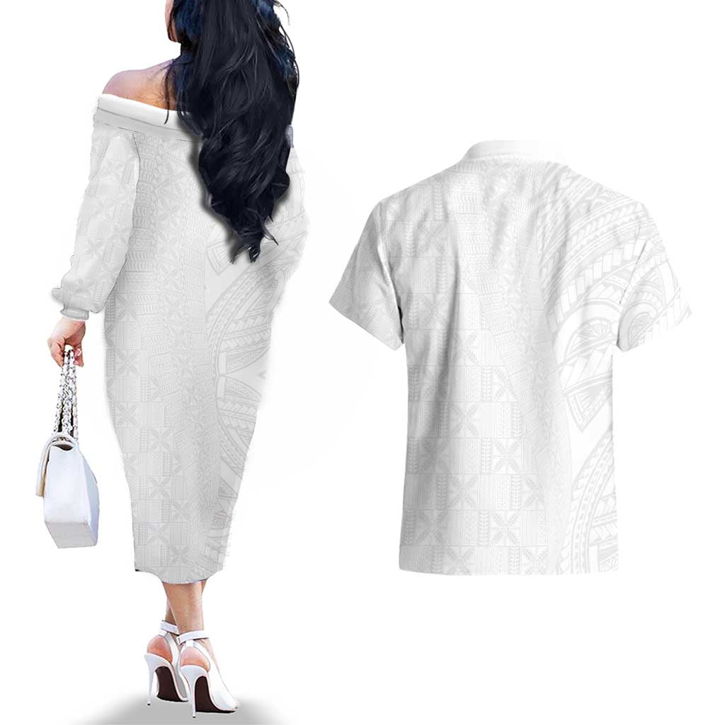 Niue White Sunday Couples Matching Off The Shoulder Long Sleeve Dress and Hawaiian Shirt Hiapo Tribal Art Tattoos LT03 - Polynesian Pride