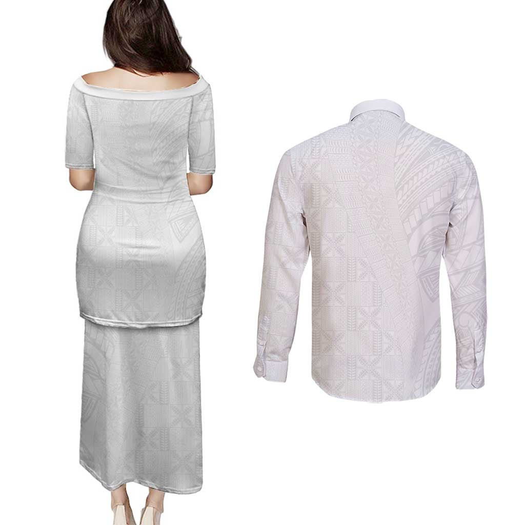Niue White Sunday Couples Matching Puletasi and Long Sleeve Button Shirt Hiapo Tribal Art Tattoos - Polynesian Pride
