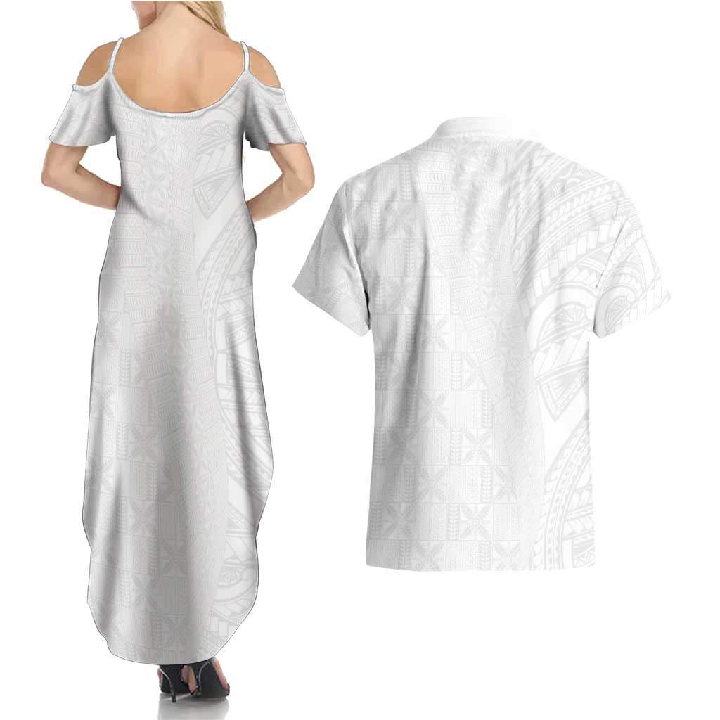 Niue White Sunday Couples Matching Summer Maxi Dress and Hawaiian Shirt Hiapo Tribal Art Tattoos LT03 - Polynesian Pride
