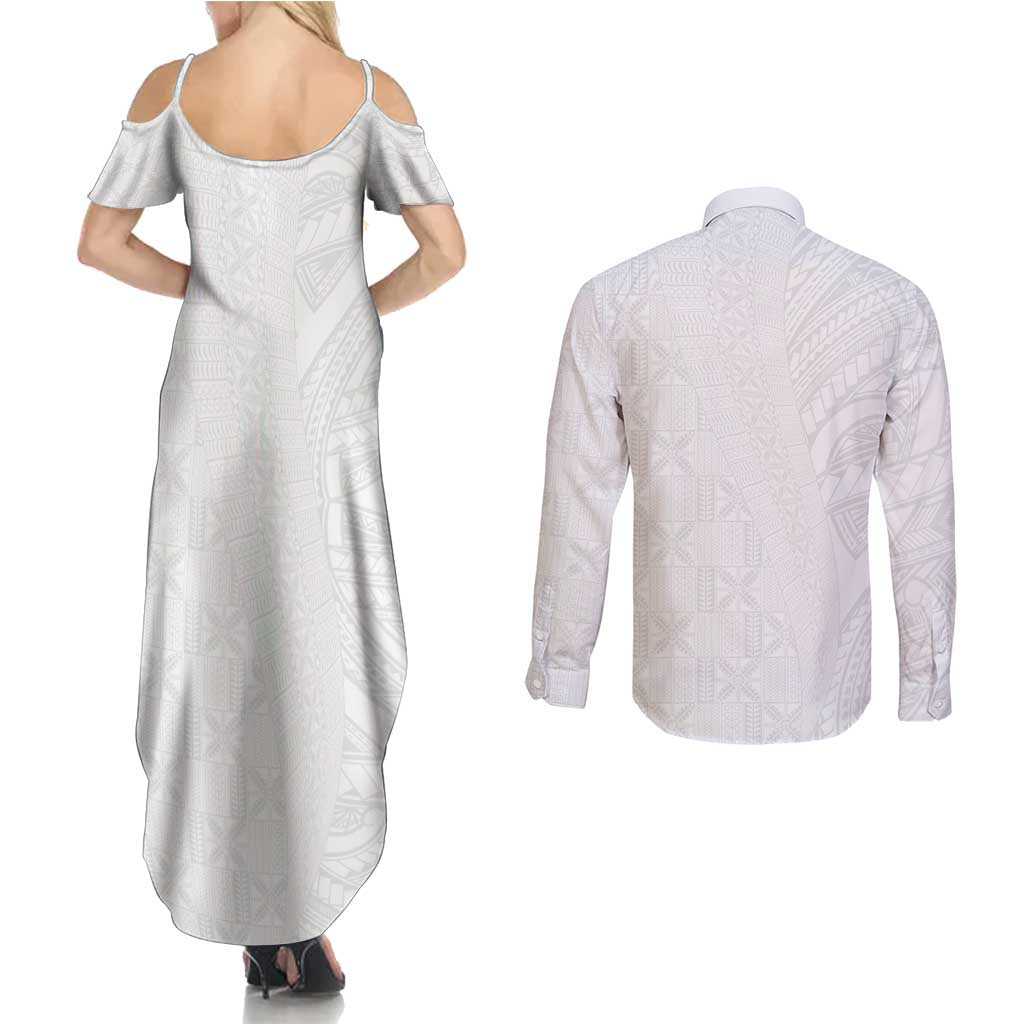 Niue White Sunday Couples Matching Summer Maxi Dress and Long Sleeve Button Shirt Hiapo Tribal Art Tattoos - Polynesian Pride