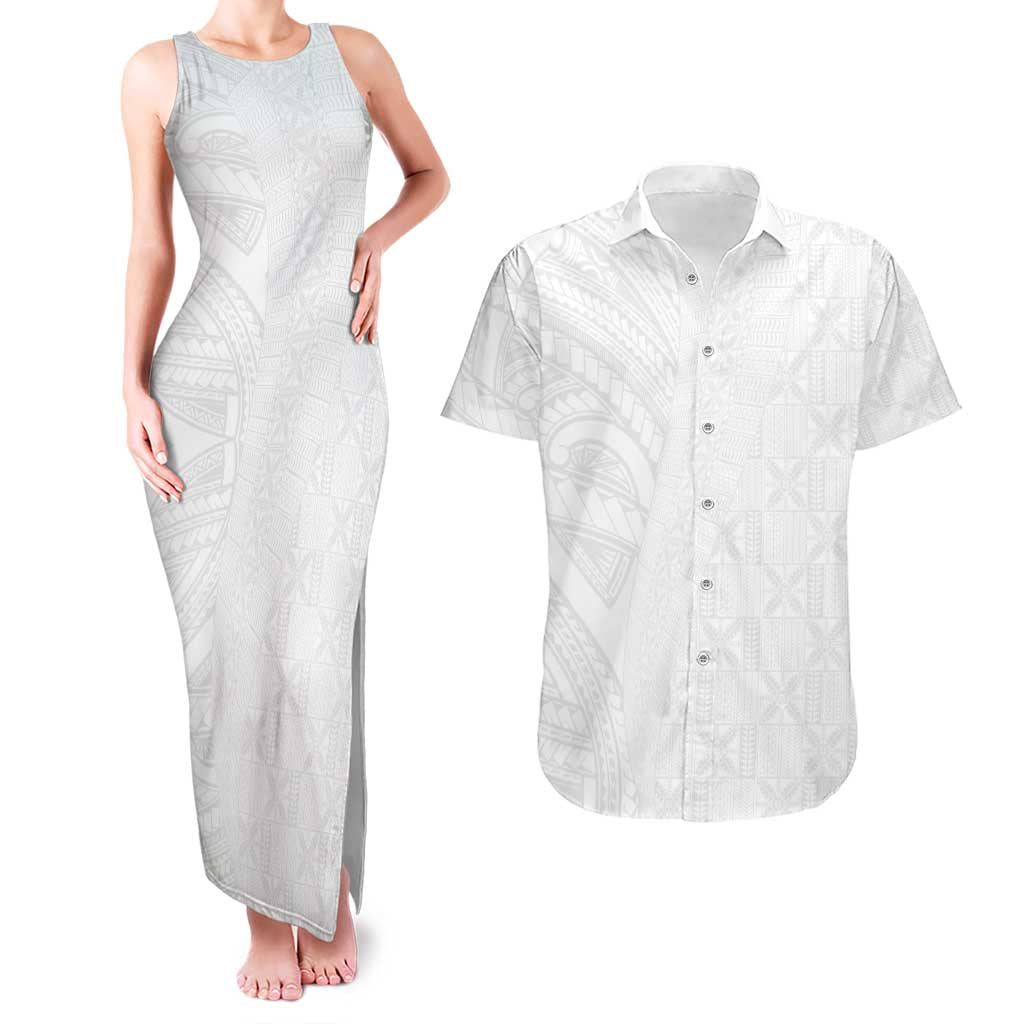 Niue White Sunday Couples Matching Tank Maxi Dress and Hawaiian Shirt Hiapo Tribal Art Tattoos LT03 White - Polynesian Pride