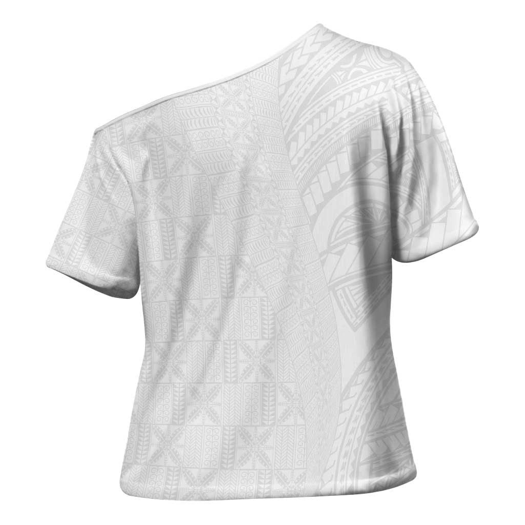 Niue White Sunday Cross Shoulder Shirt Hiapo Tribal Art Tattoos - Polynesian Pride