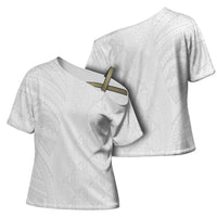 Niue White Sunday Cross Shoulder Shirt Hiapo Tribal Art Tattoos - Polynesian Pride