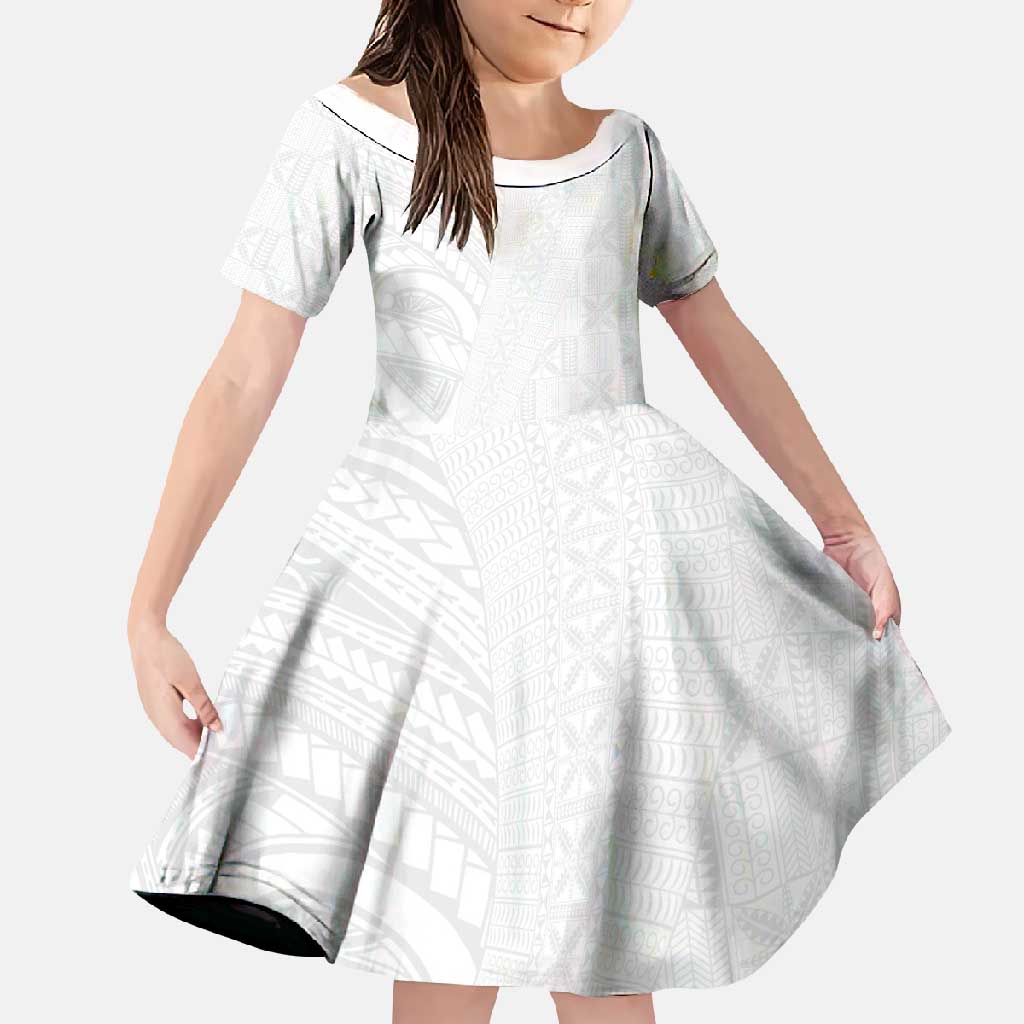 Niue White Sunday Family Matching Off Shoulder Maxi Dress and Hawaiian Shirt Hiapo Tribal Art Tattoos LT03 Daughter's Dress White - Polynesian Pride