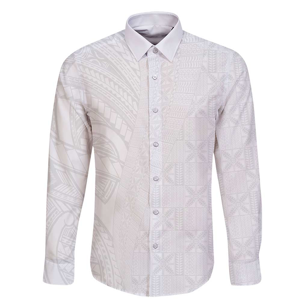 Niue White Sunday Family Matching Off Shoulder Maxi Dress and Hawaiian Shirt Hiapo Tribal Art Tattoos LT03 Dad's Shirt - Long Sleeve White - Polynesian Pride