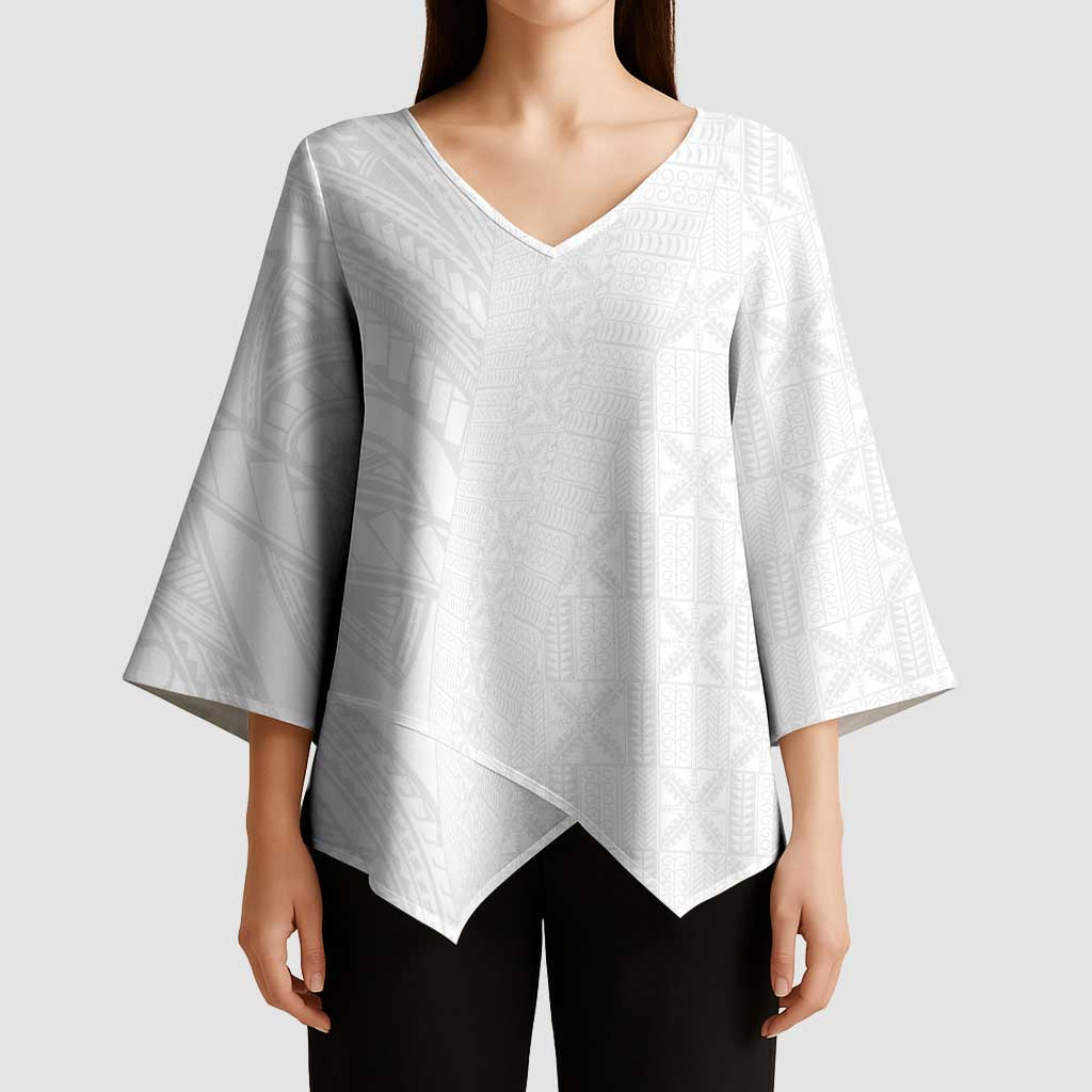 Niue White Sunday Kimono Sleeve Blouse Hiapo Tribal Art Tattoos - Polynesian Pride