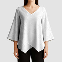 Niue White Sunday Kimono Sleeve Blouse Hiapo Tribal Art Tattoos - Polynesian Pride