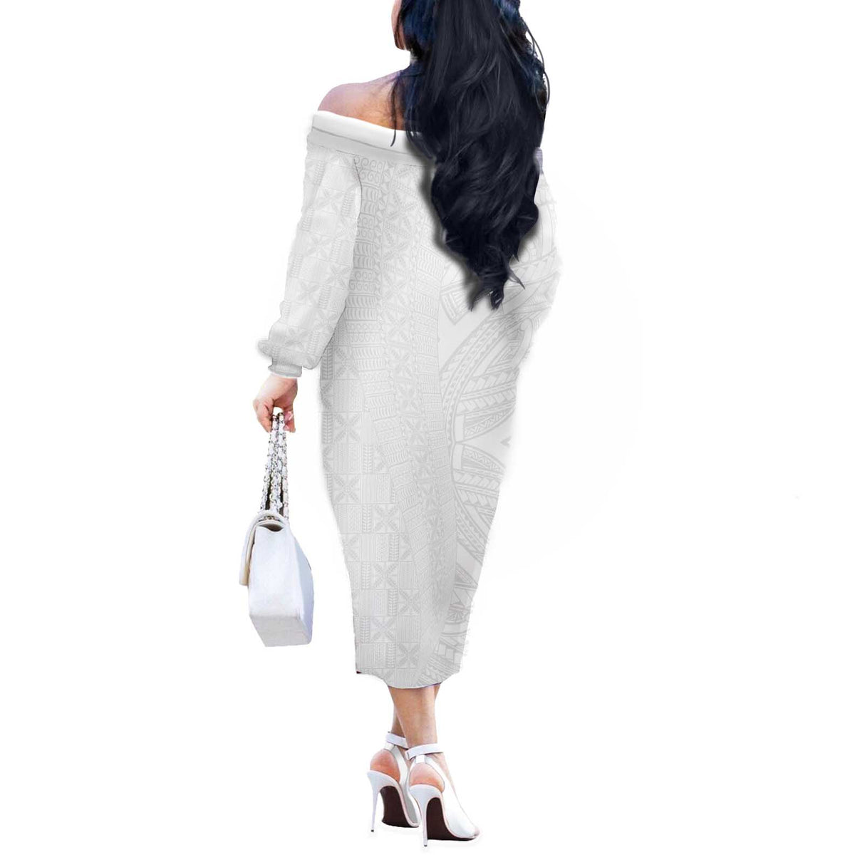 Niue White Sunday Off The Shoulder Long Sleeve Dress Hiapo Tribal Art Tattoos - Polynesian Pride