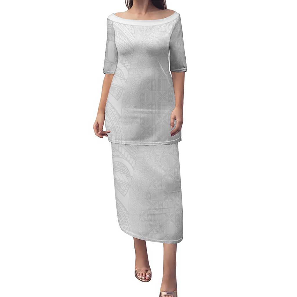 Niue White Sunday Puletasi Hiapo Tribal Art Tattoos LT03 Long Dress White - Polynesian Pride