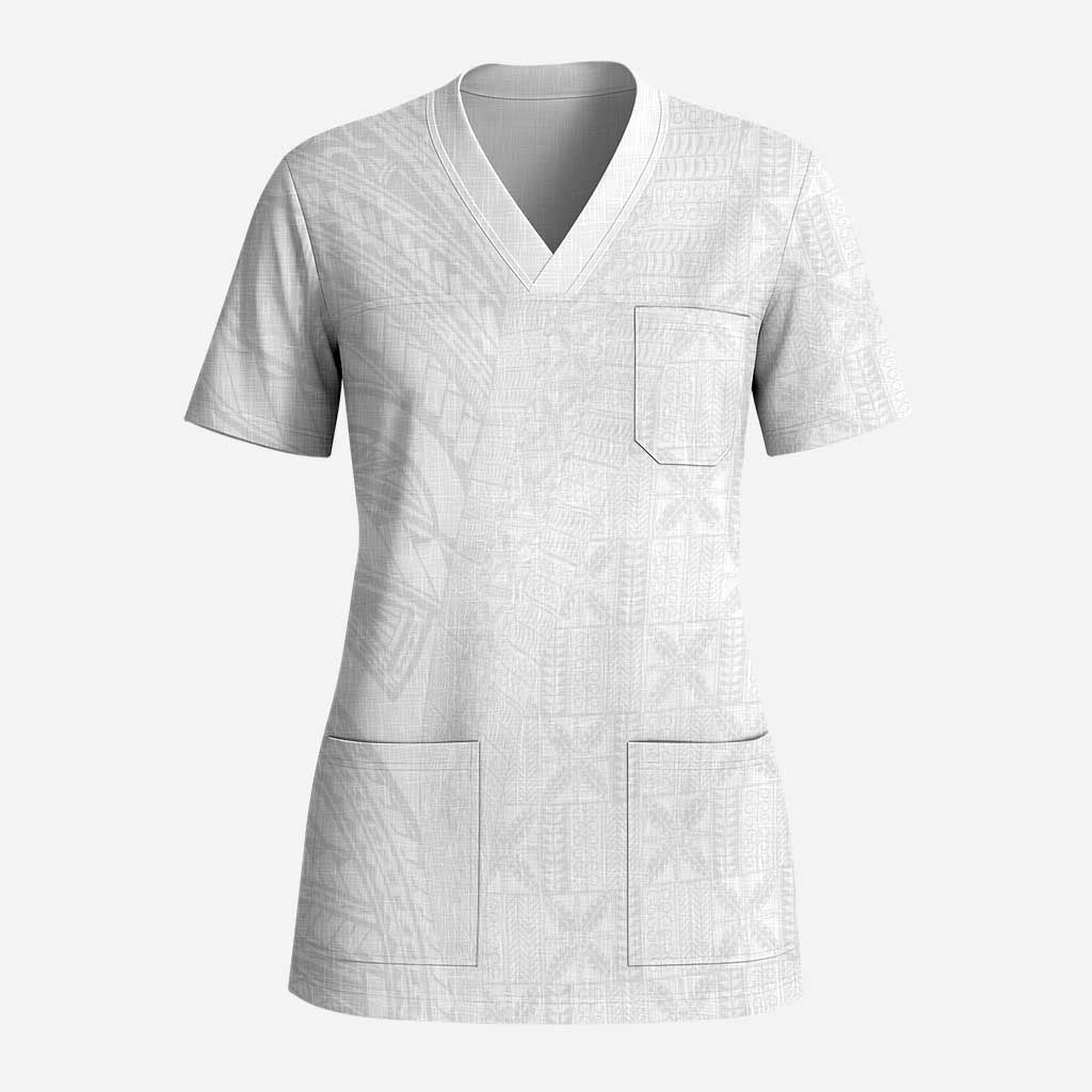 Niue White Sunday Scrub Top Hiapo Tribal Art Tattoos - Polynesian Pride