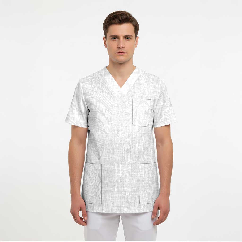 Niue White Sunday Scrub Top Hiapo Tribal Art Tattoos - Polynesian Pride