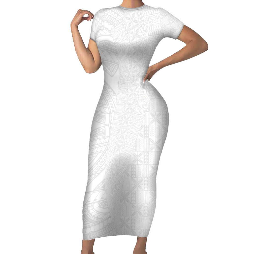 Niue White Sunday Short Sleeve Bodycon Dress Hiapo Tribal Art Tattoos - Polynesian Pride