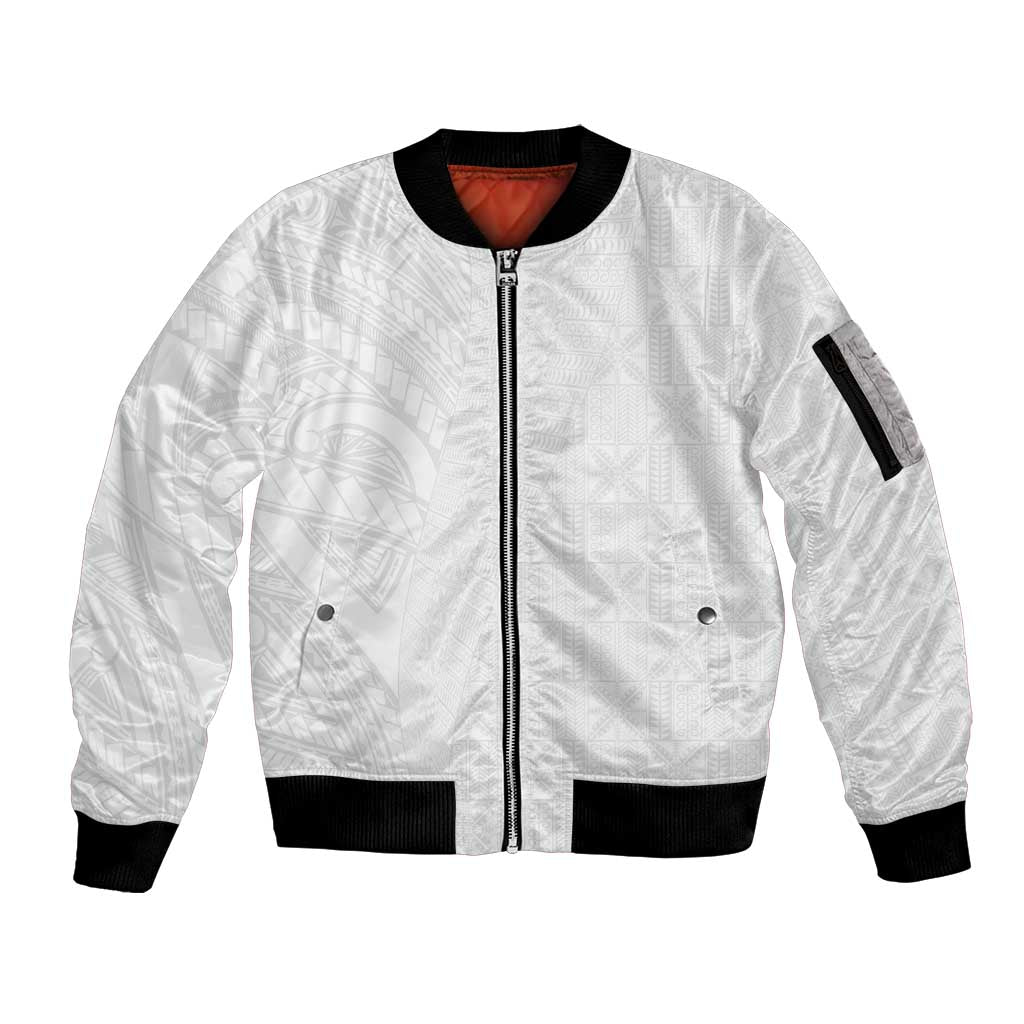 Niue White Sunday Sleeve Zip Bomber Jacket Hiapo Tribal Art Tattoos LT03 Unisex White - Polynesian Pride