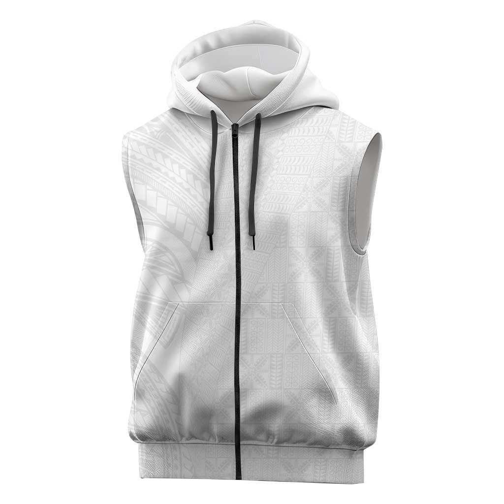 Niue White Sunday Sleeveless Zip Hoodie Hiapo Tribal Art Tattoos - Polynesian Pride