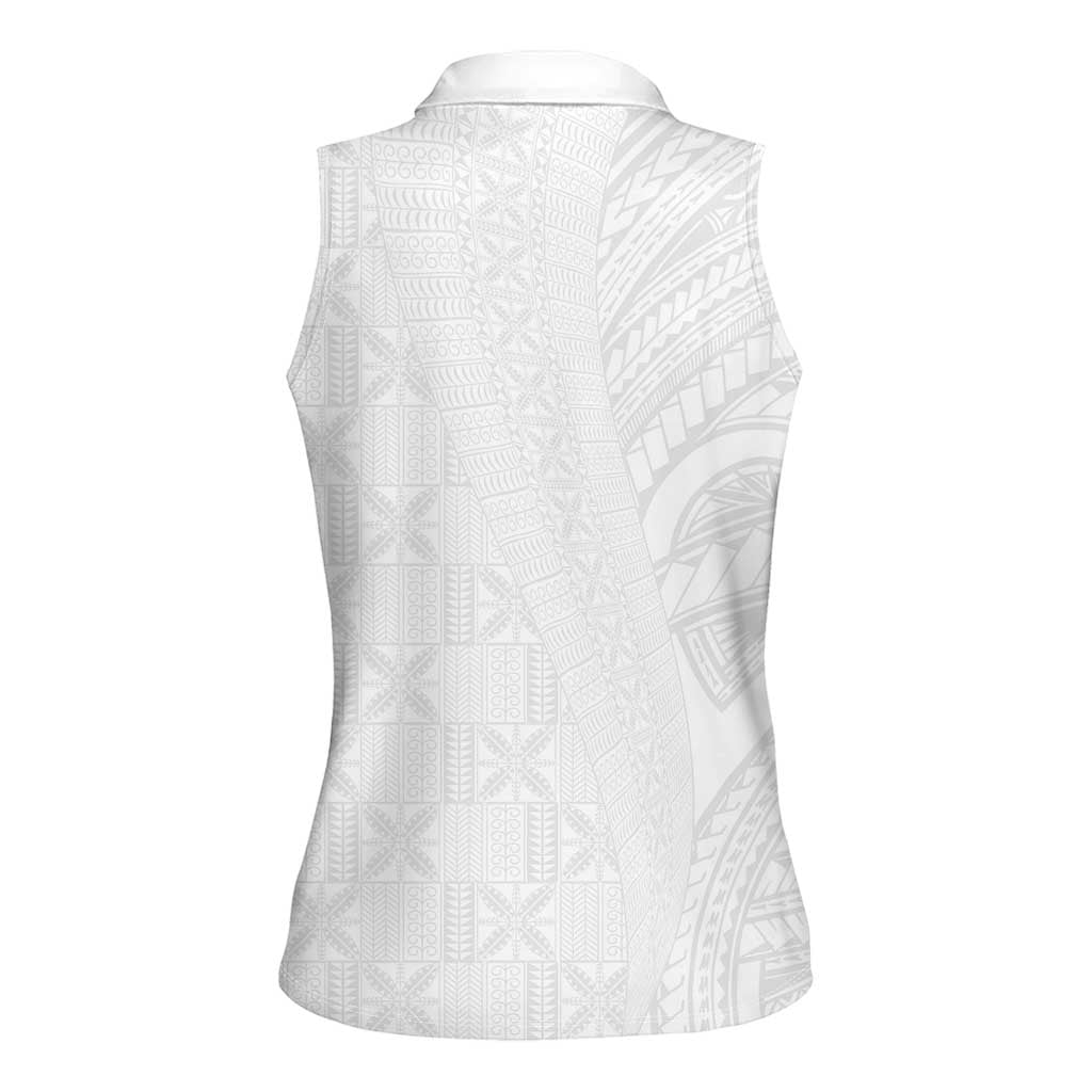 Niue White Sunday Women Sleeveless Polo Shirt Hiapo Tribal Art Tattoos - Polynesian Pride