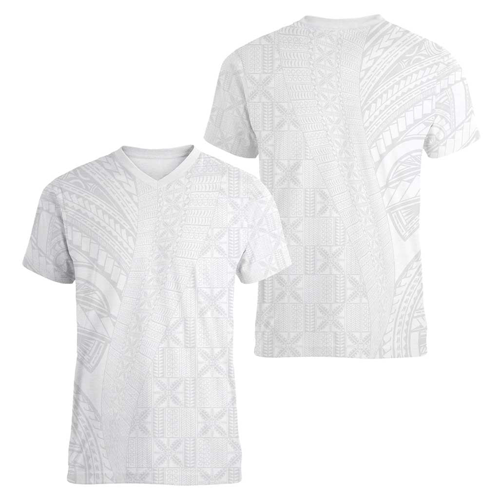 Niue White Sunday Women V-Neck T-Shirt Hiapo Tribal Art Tattoos - Polynesian Pride