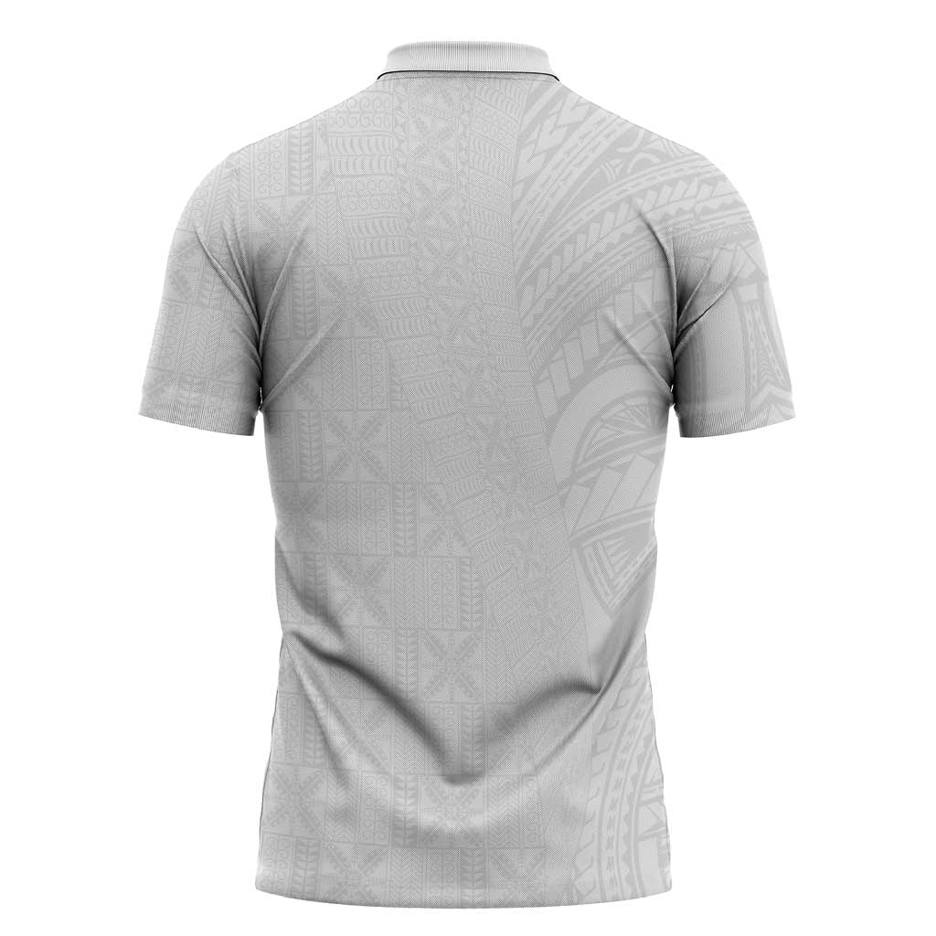 Niue White Sunday Zipper Polo Shirt Hiapo Tribal Art Tattoos - Polynesian Pride
