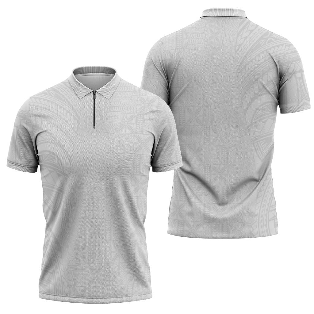 Niue White Sunday Zipper Polo Shirt Hiapo Tribal Art Tattoos - Polynesian Pride