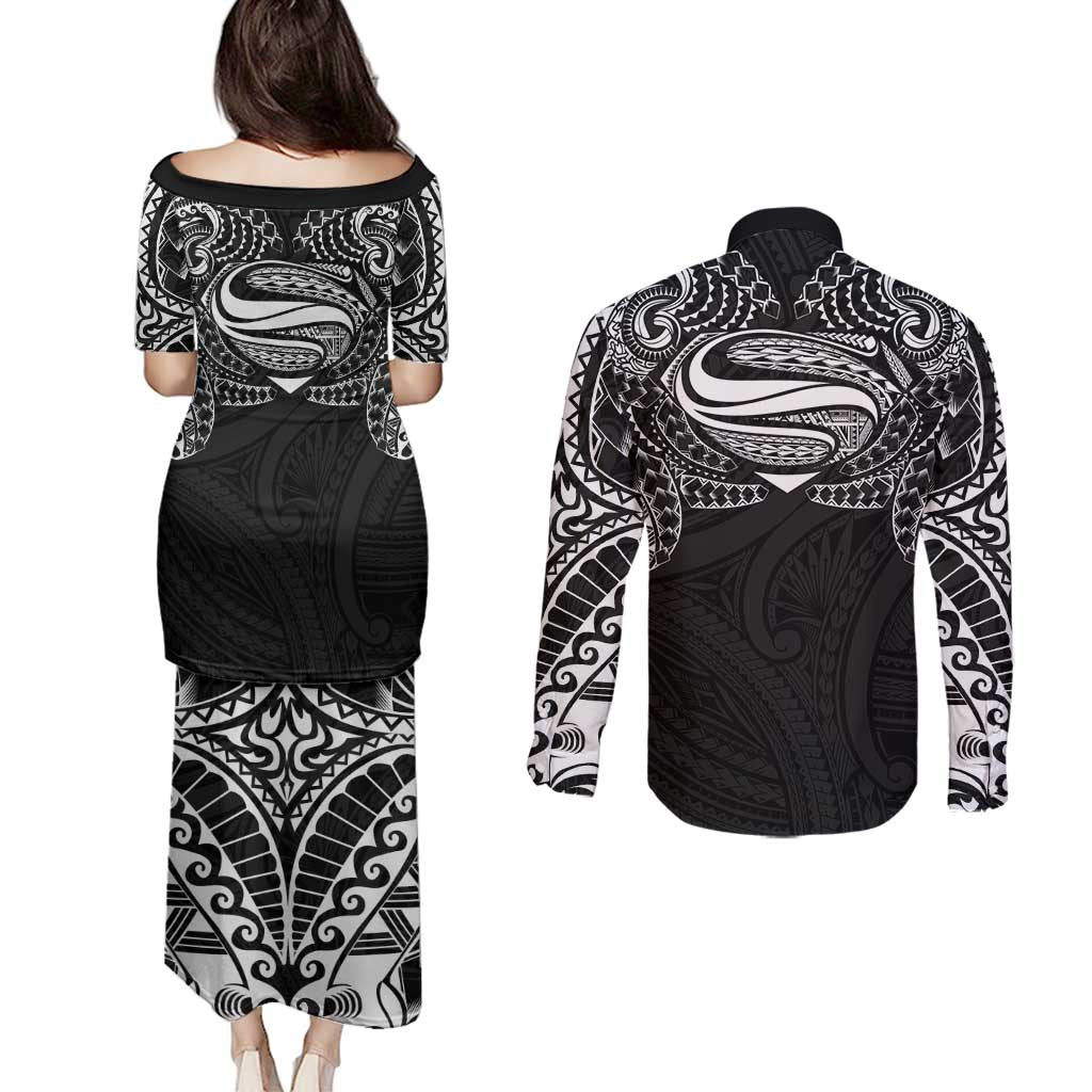 Super Samoan Traditional Tribal Art Tattoos Couples Matching Puletasi and Long Sleeve Button Shirt Black Color - Polynesian Pride