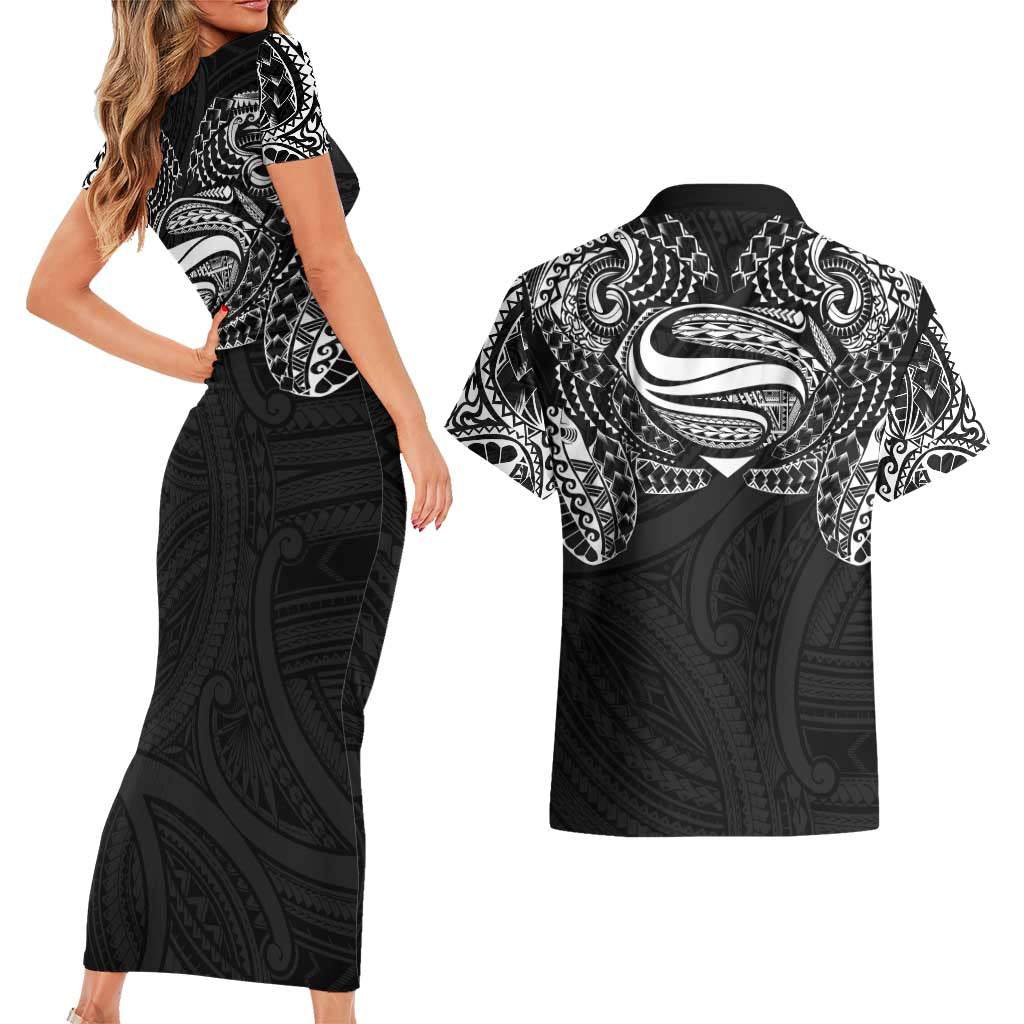 Super Samoan Traditional Tribal Art Tattoos Couples Matching Short Sleeve Bodycon Dress and Hawaiian Shirt Black Color - Polynesian Pride