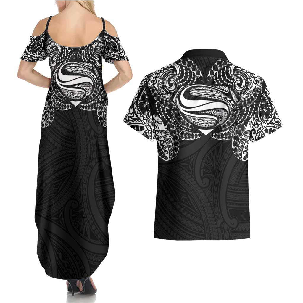 Super Samoan Traditional Tribal Art Tattoos Couples Matching Summer Maxi Dress and Hawaiian Shirt Black Color - Polynesian Pride