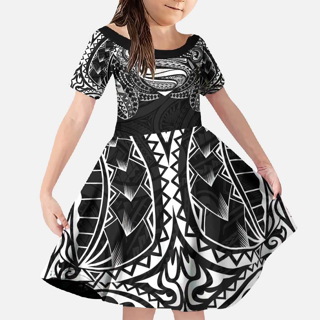 Super Samoan Traditional Tribal Art Tattoos Family Matching Long Sleeve Bodycon Dress and Hawaiian Shirt Black Color LT03 Daughter's Dress Black - Polynesian Pride