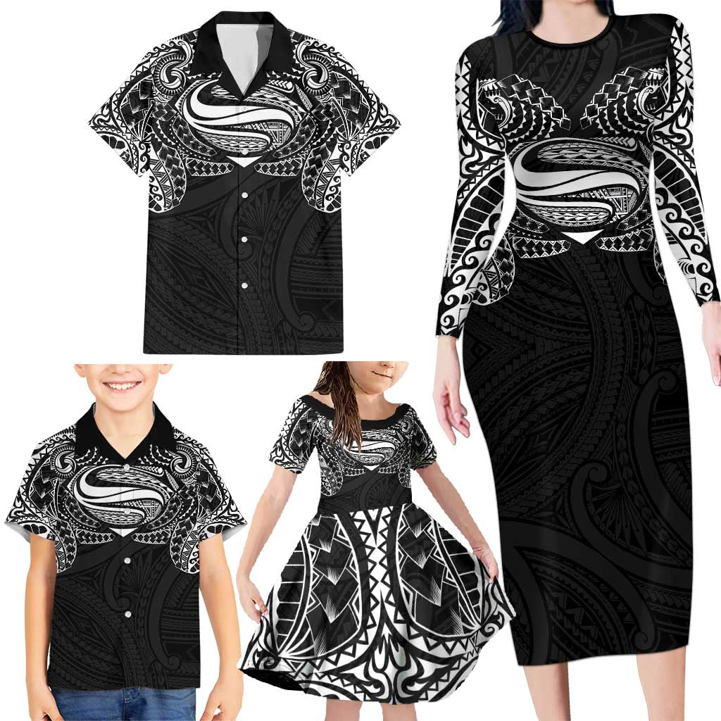 Super Samoan Traditional Tribal Art Tattoos Family Matching Long Sleeve Bodycon Dress and Hawaiian Shirt Black Color LT03 - Polynesian Pride